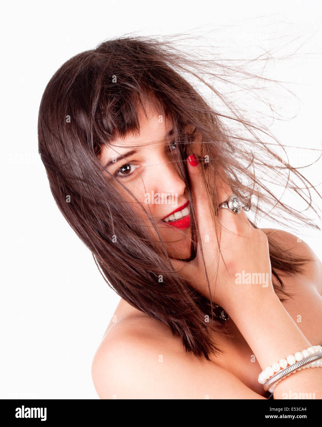 Portrait of a Young Woman with Brown Hair Looking - Isolated on White ...