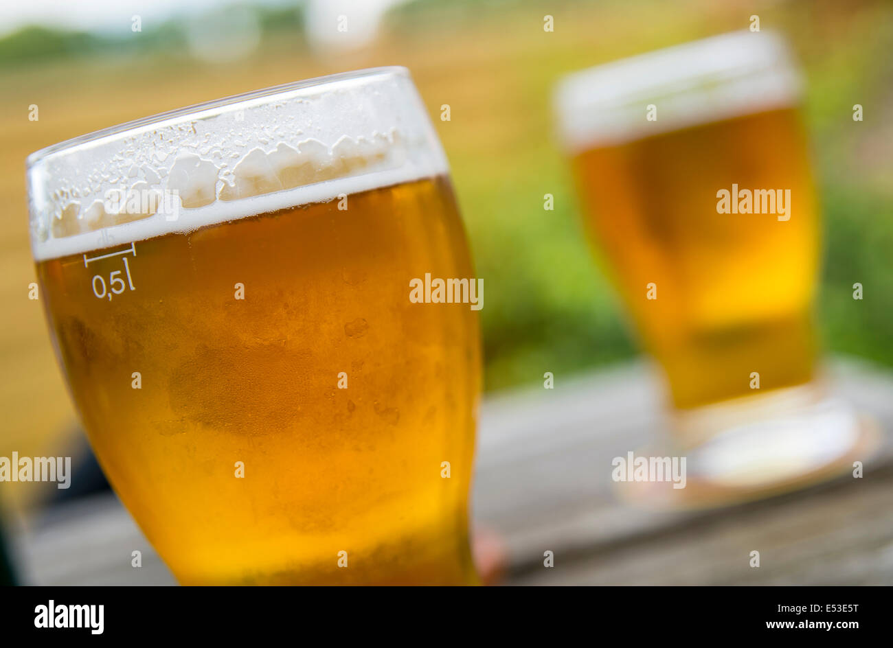 Pints of lager sat on a pub table Stock Photo