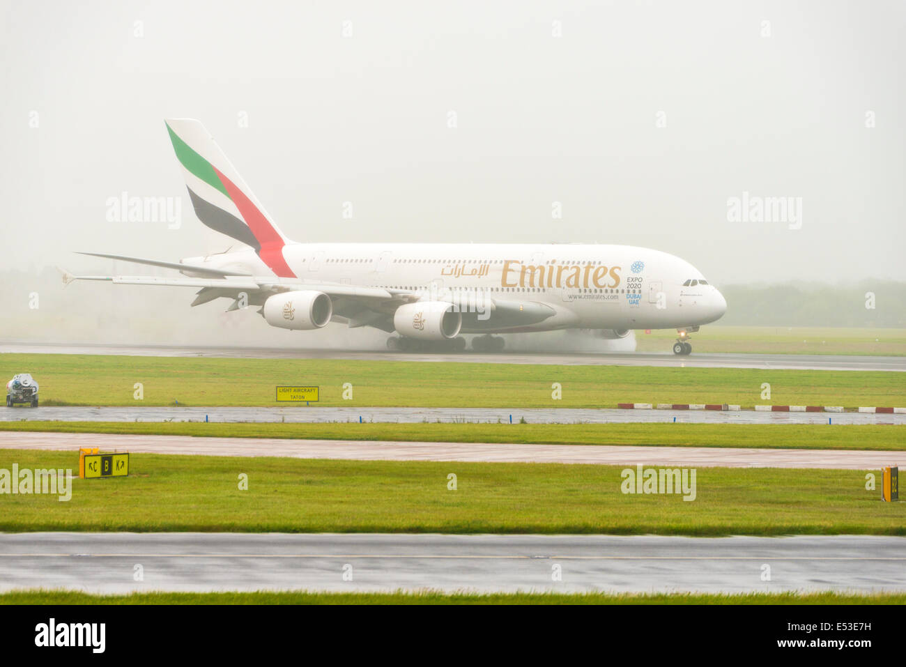 Manchester Airport in rain and fog arrivals and departures Stock Photo