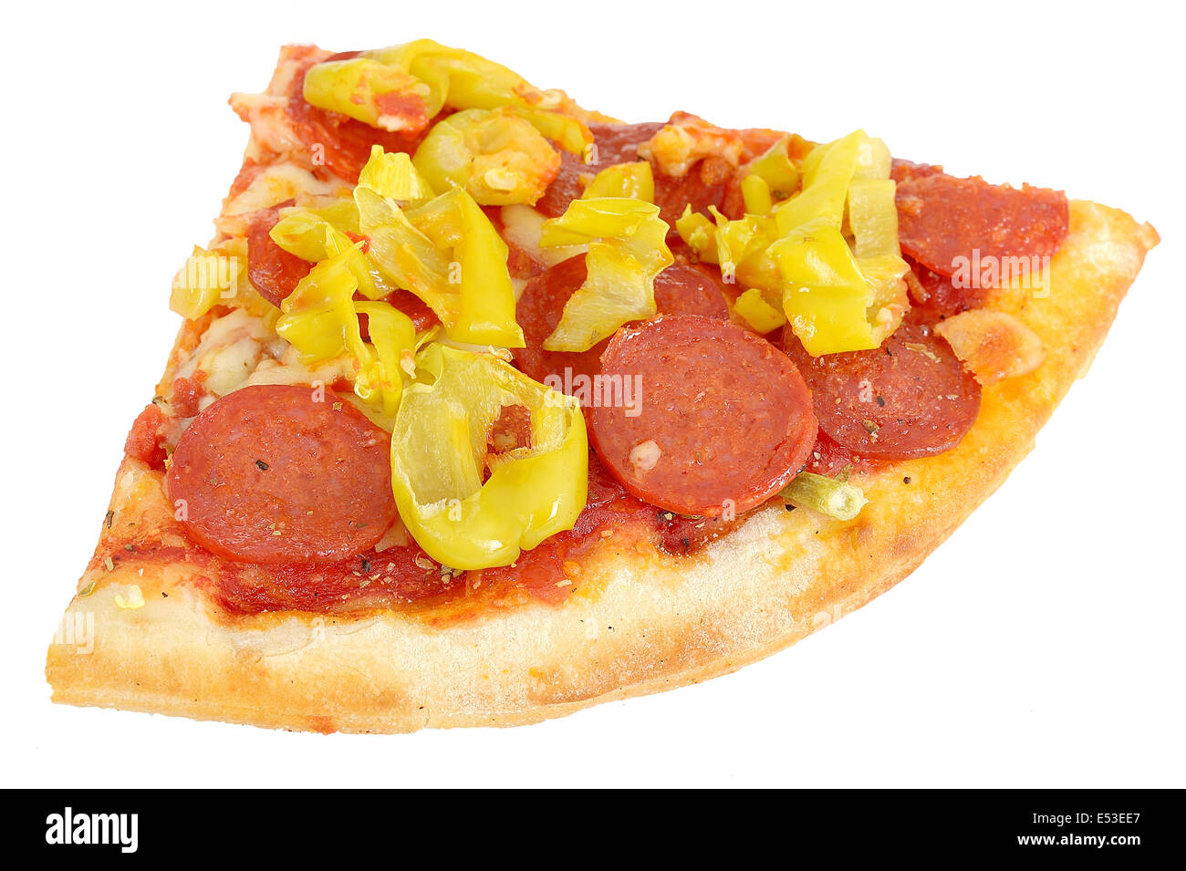 Slice of Pepperoni Pizza Against White Stock Photo