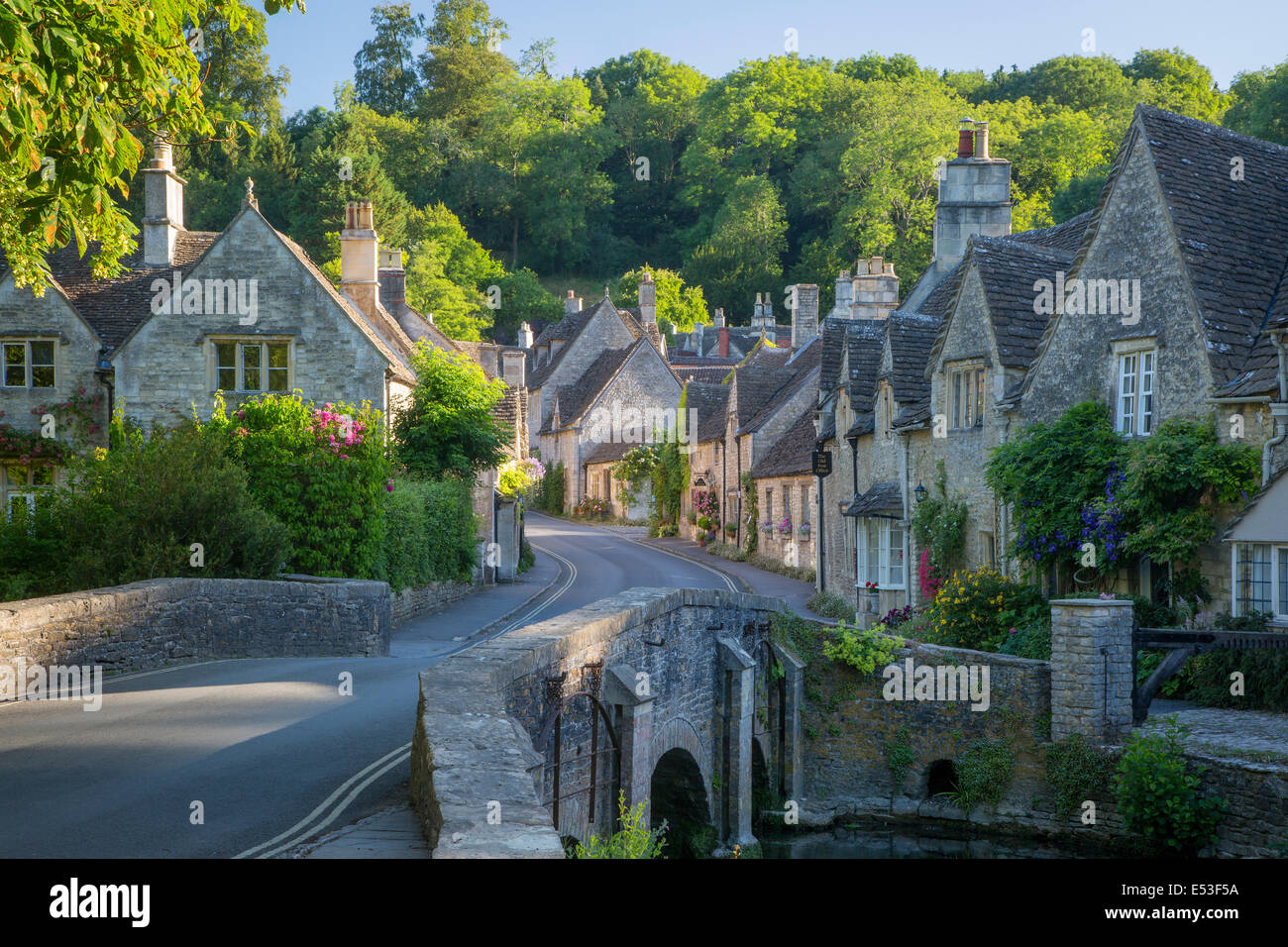 Early Morning in Castle Combe, the Cotswolds, Wiltshire, England Stock