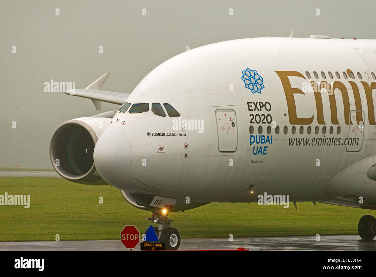 Manchester Airport in rain and fog arrivals and departures Stock Photo