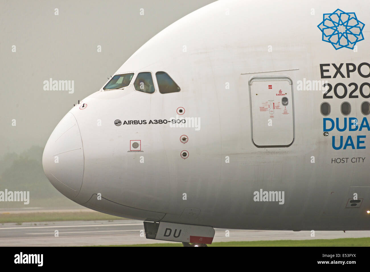 Manchester Airport in rain and fog arrivals and departures Stock Photo