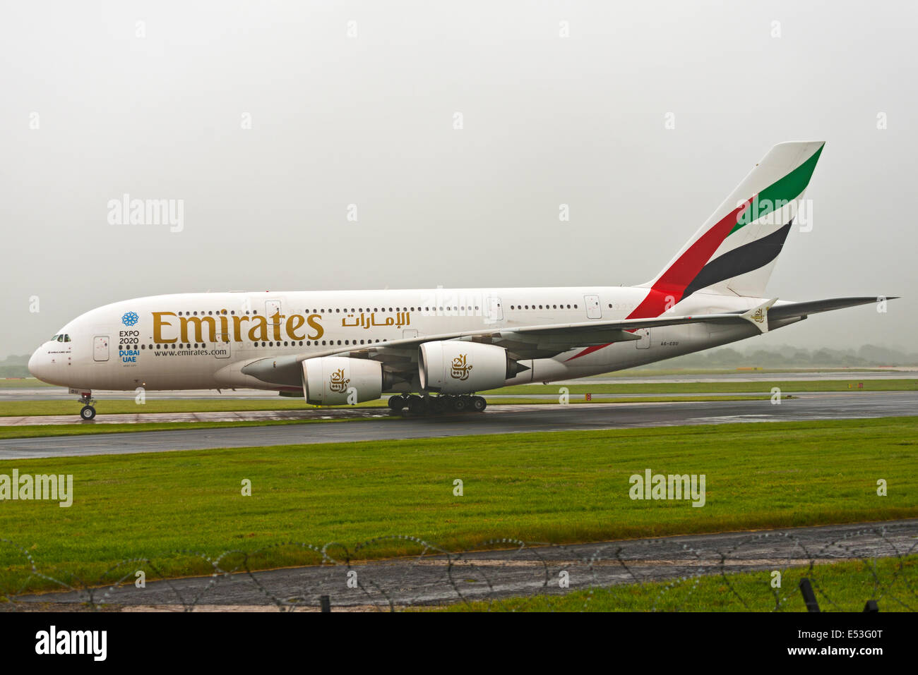 Manchester Airport in rain and fog arrivals and departures Stock Photo