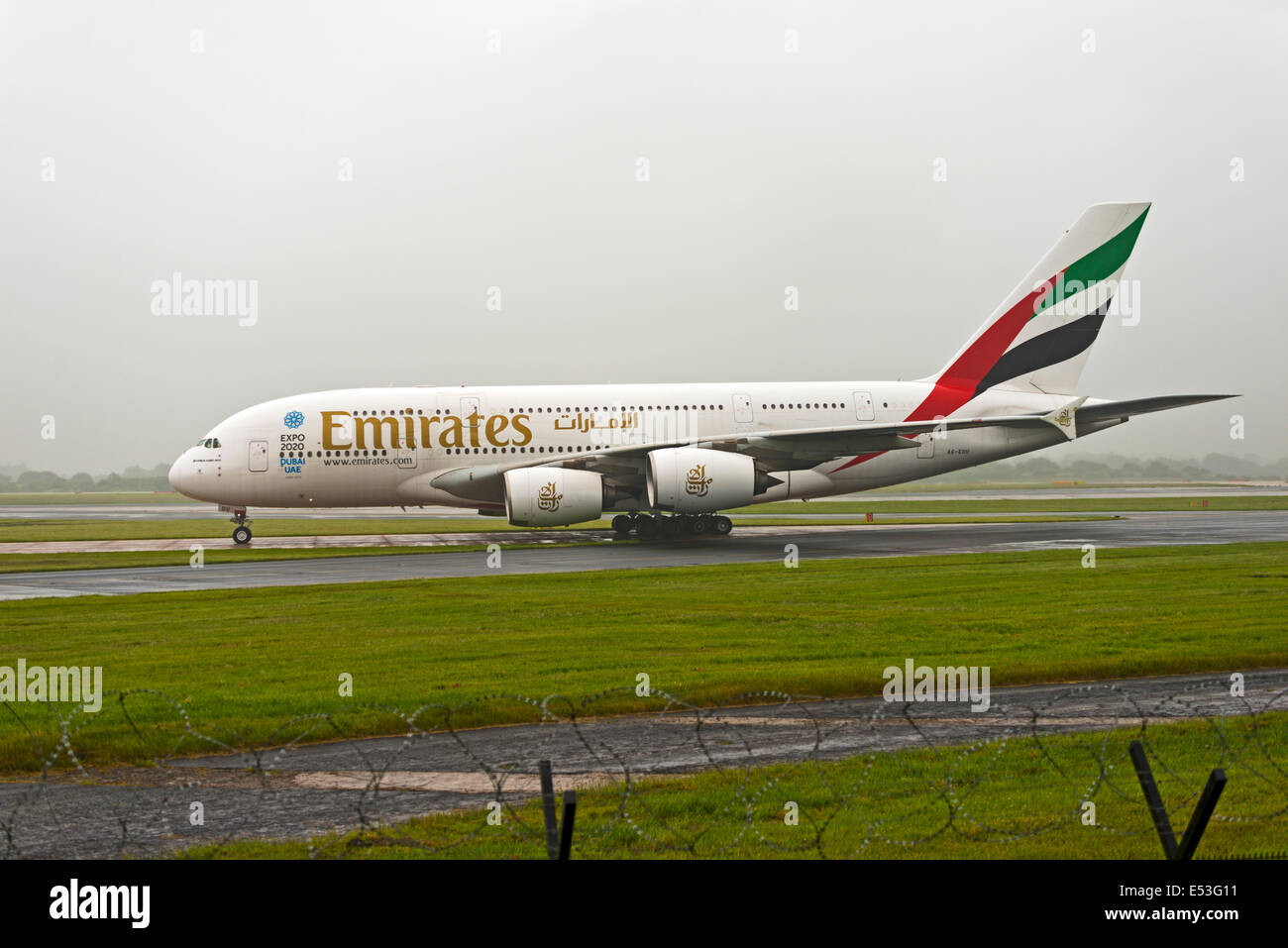 Manchester Airport in rain and fog arrivals and departures Stock Photo