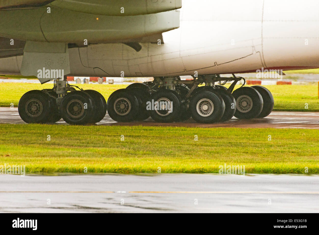 Manchester Airport in rain and fog arrivals and departures Stock Photo
