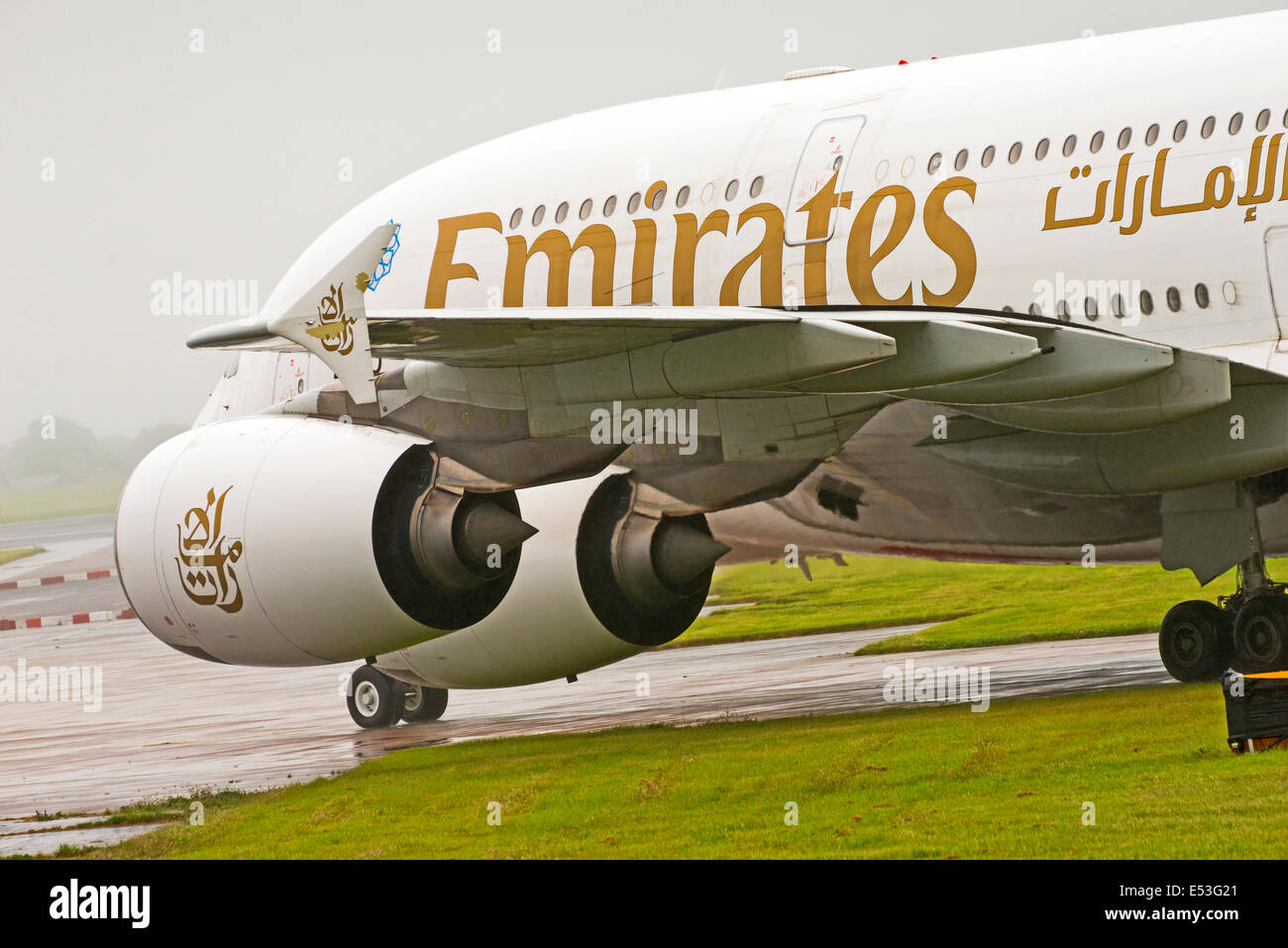 Manchester Airport in rain and fog arrivals and departures Stock Photo
