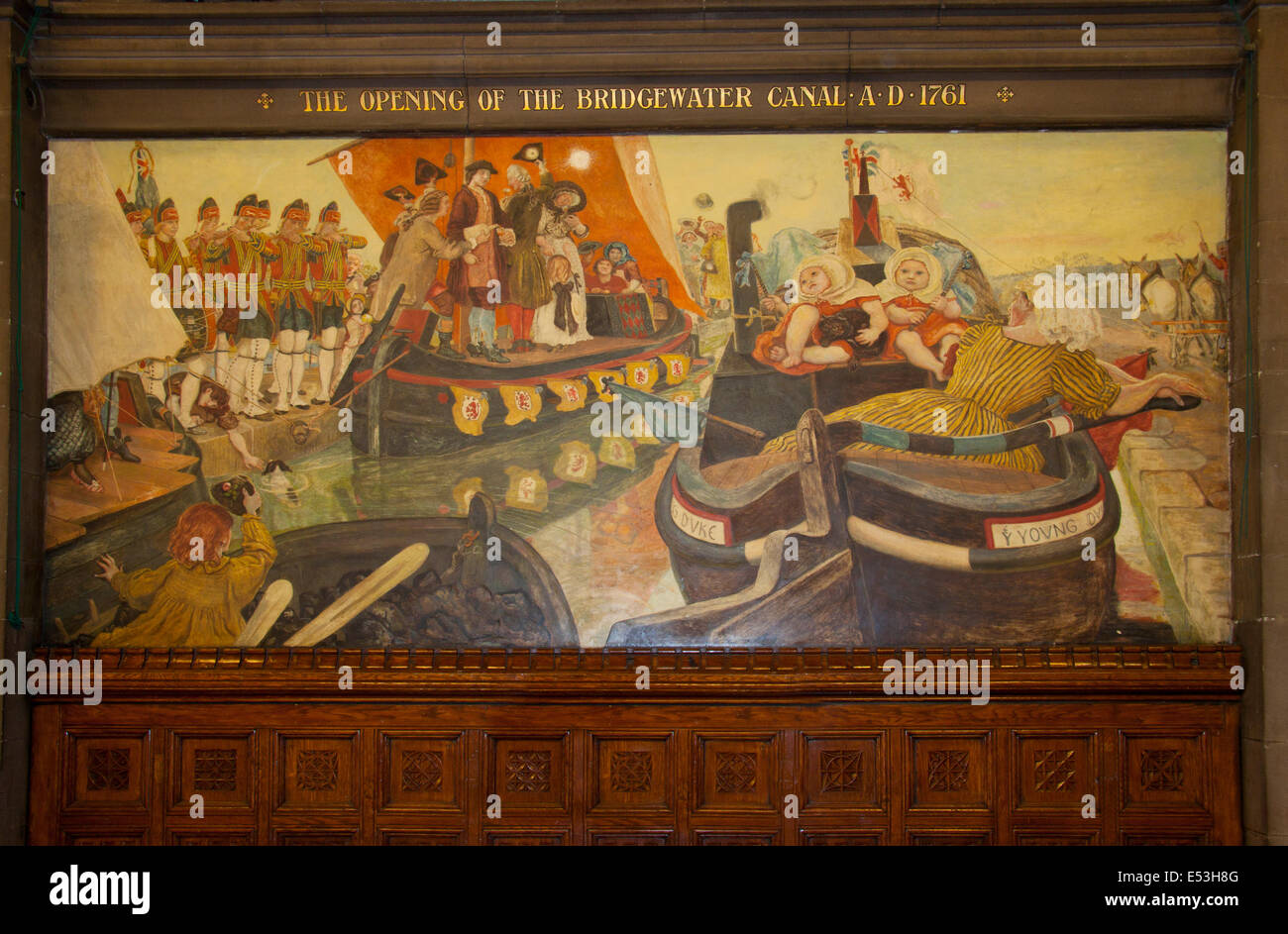 Manchester Town Hall Interior, showing the opening of the Bridgewater Canal, one of 12 murals in the Great Hall. Stock Photo