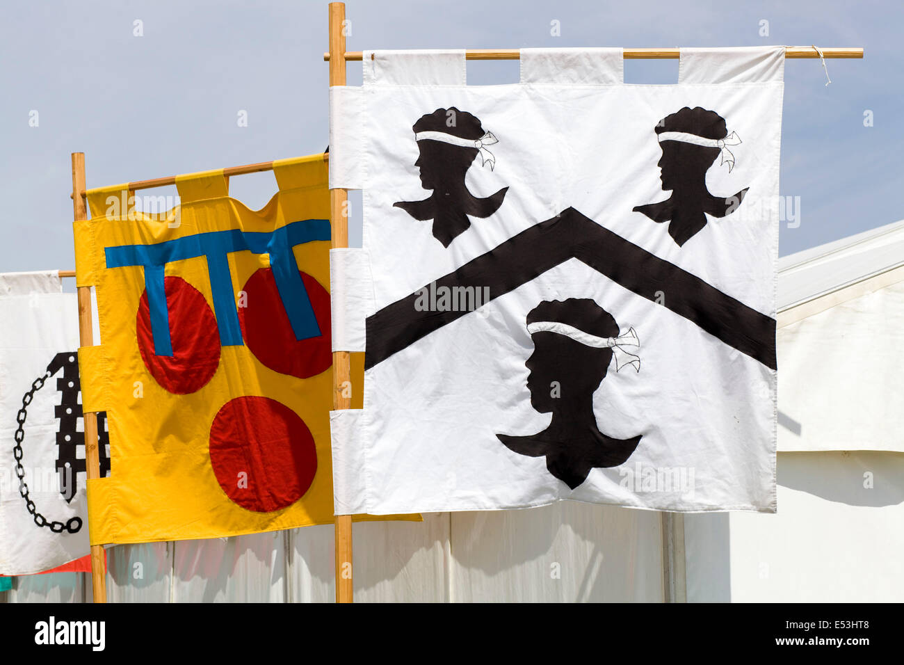 Battle flags flying at the medieval festival in Tewkesbury Stock Photo