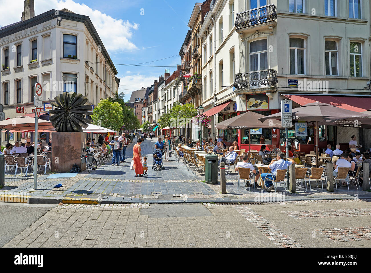 Brussels city life at lunch time. Square Place Jourdan at Etterbeek near European Commission Stock Photo