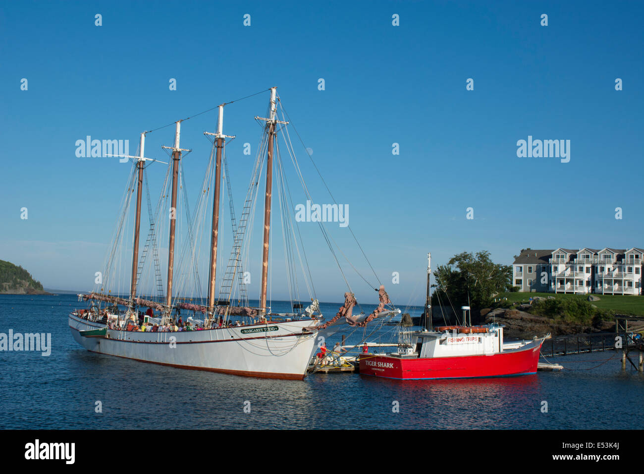 Maine, Bar Harbor. Waterfront view of port area with tourist sightseeing  boat the Margaret Todd, 151-foot four-masted schooner. Stock Photo