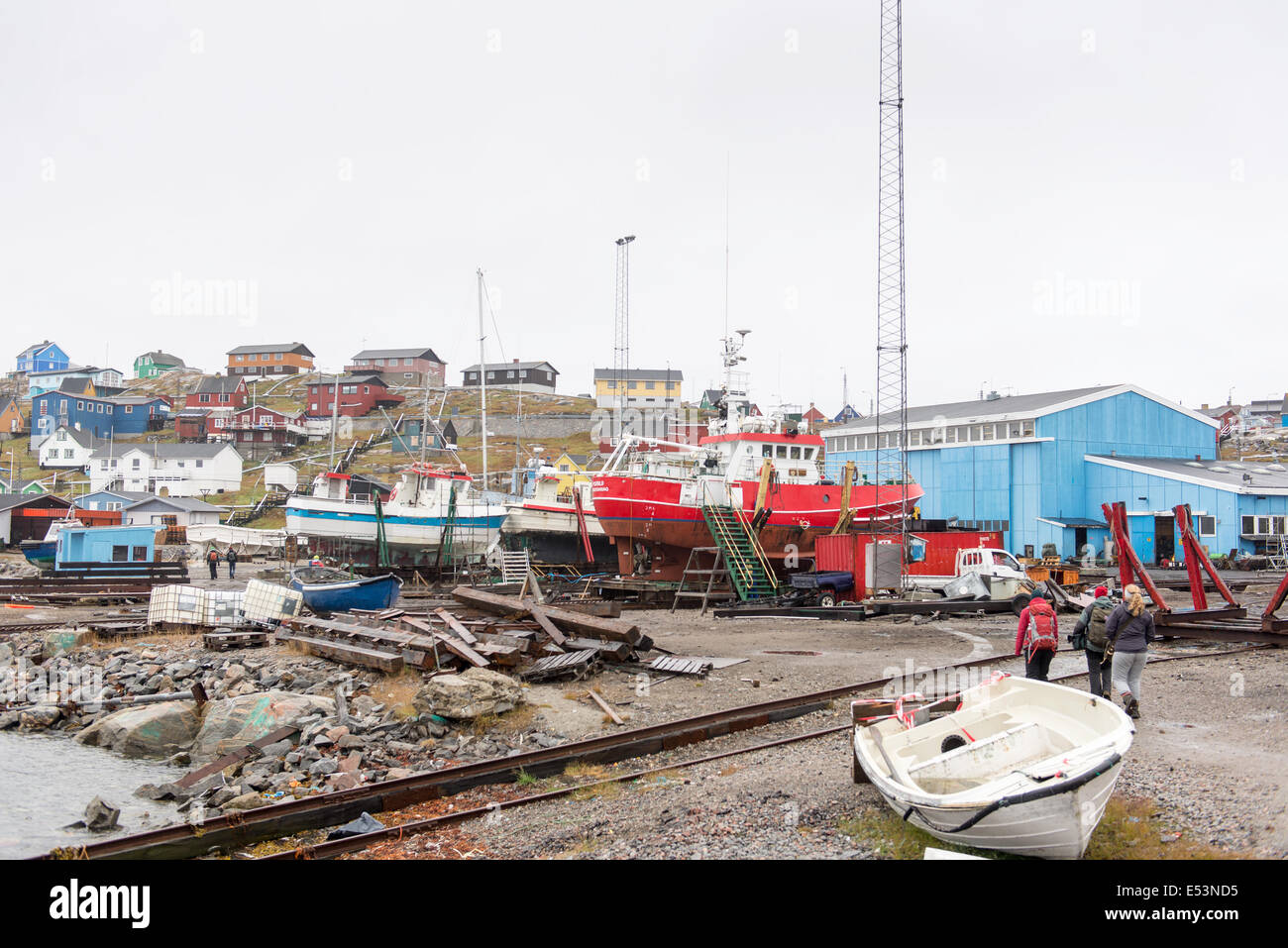 Shipyard in Aasiaat with ships and houses in Greenland Stock Photo Alamy