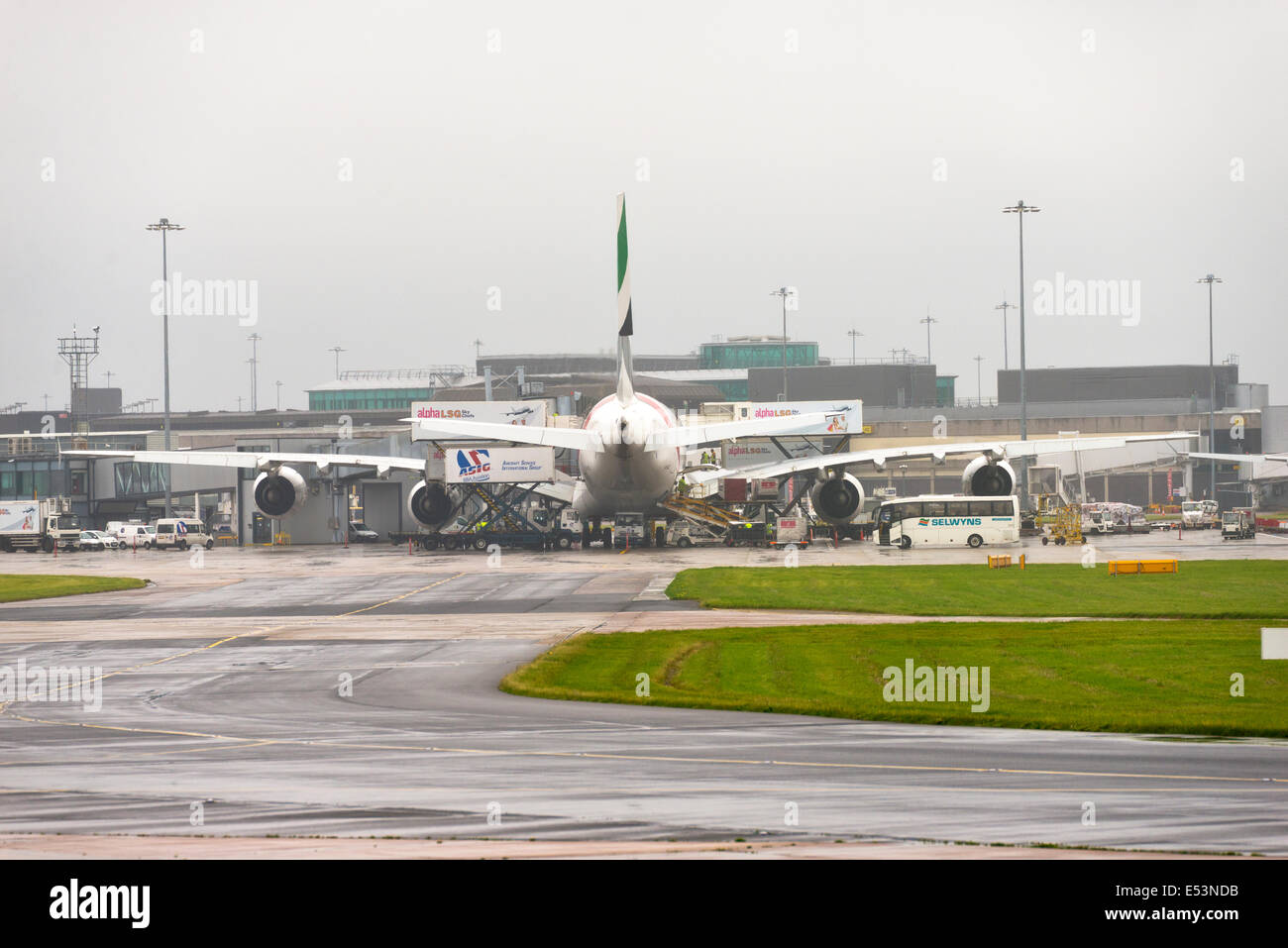 Manchester Airport in rain and fog arrivals and departures Stock Photo
