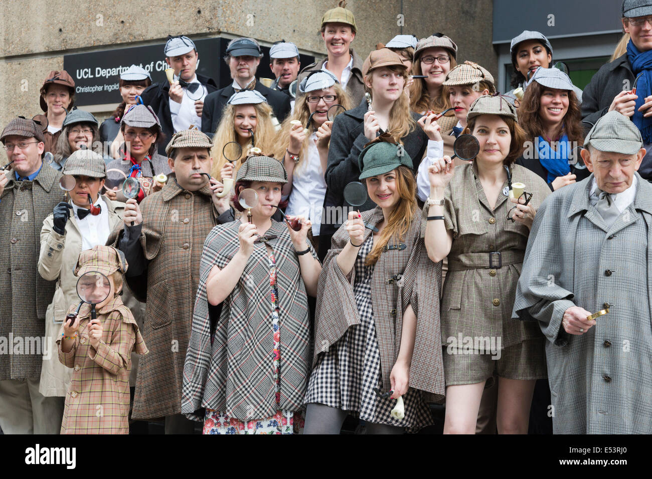 Dozens of fans dressed as Sherlock Holmes created by Sir Arthur Conan Doyle in a Guinness World Record Attempt in London. Stock Photo