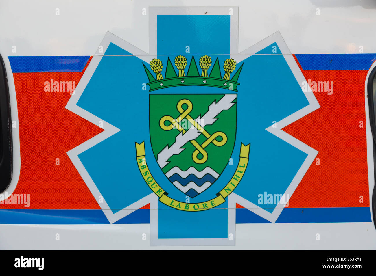 Ambulance logo at the 'Sound of Music Festival' at Spencer Smith Park in Burlington, Ontario, Canada. Stock Photo