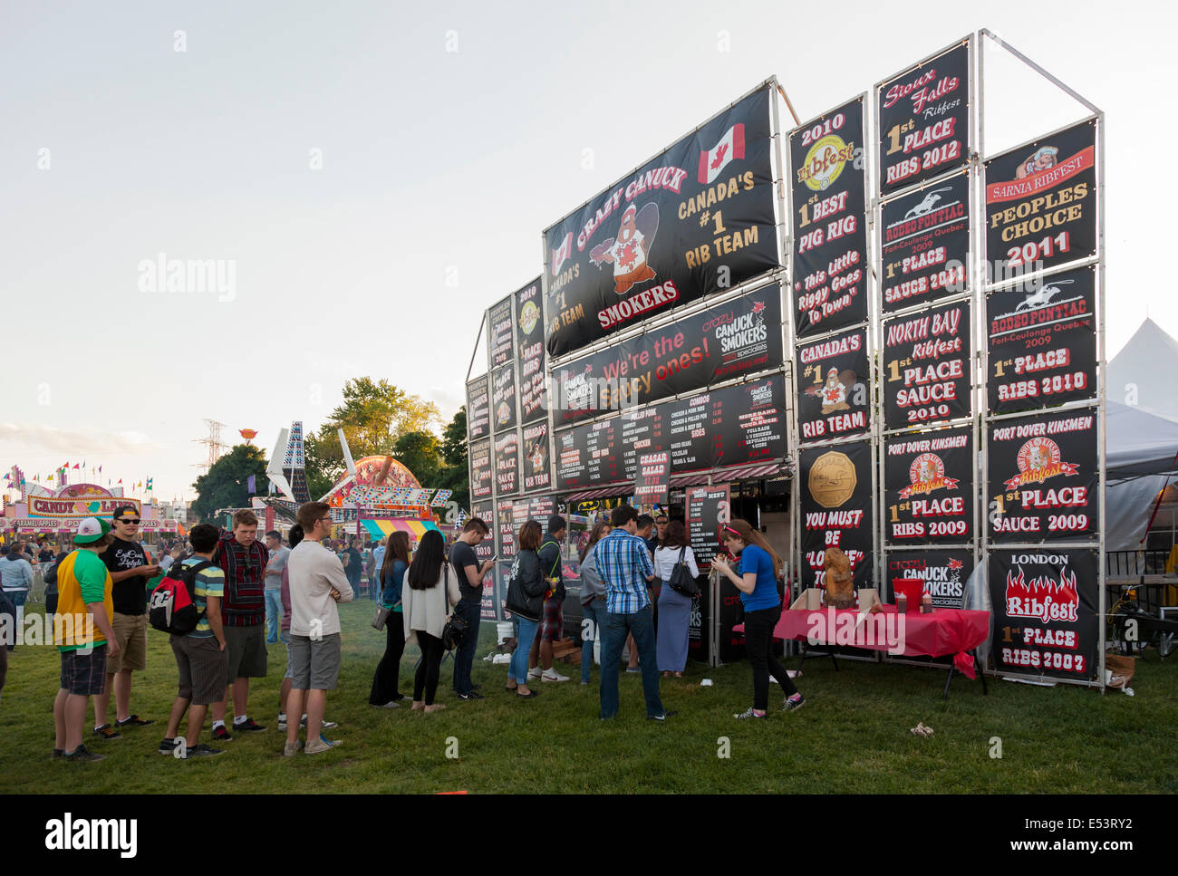 A 'Crazy Canuck Smokers' food stand at the 'Sound of Music Festival' at Spencer Smith Park in Burlington, Ontario, Canada. Stock Photo