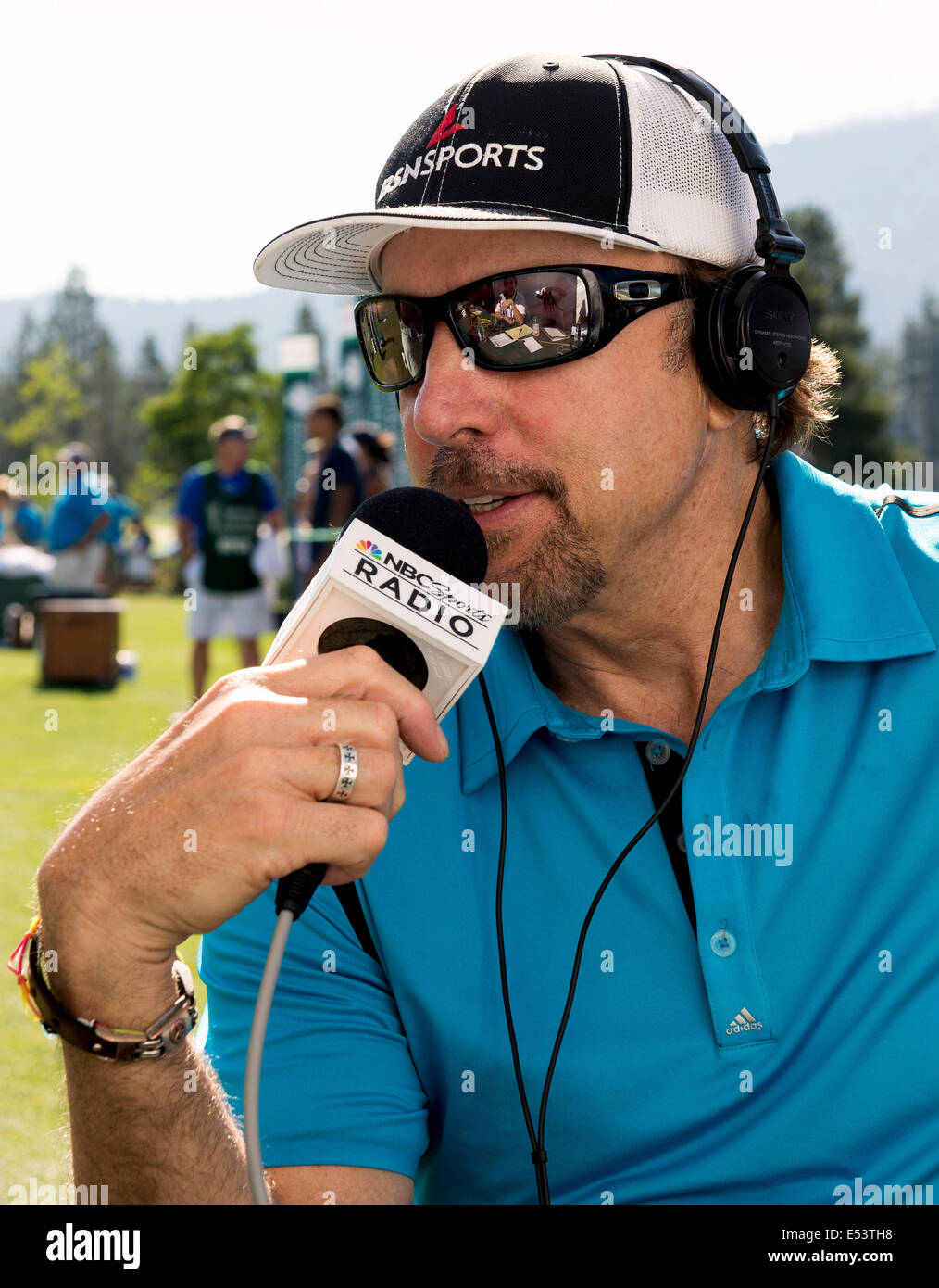 Stateline, Nevada, USA. 19th July, 2014. Comedian KEVIN NEALON does a radio interview prior to his tee time at Edgewood Tahoe on the second day of competition at the 25th Annual American Century Championship. Credit:  Brian Cahn/ZUMA Wire/Alamy Live News Stock Photo