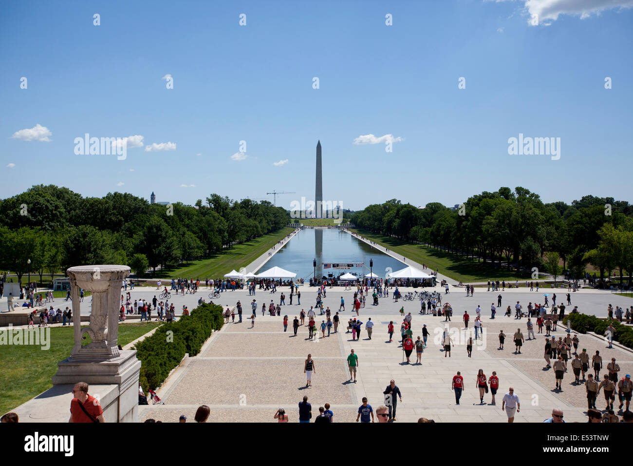 WASHINGTON D.C. - MAY 25 2014: The Washington Monument as seen from the Lincoln Memorial.  It is located on the National Mall in Stock Photo