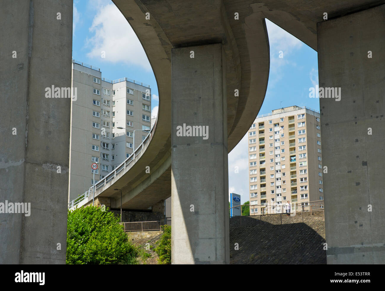 Flyover and high-rise flats: urban bleakness in Halifax, West Yorkshire, England UK Stock Photo