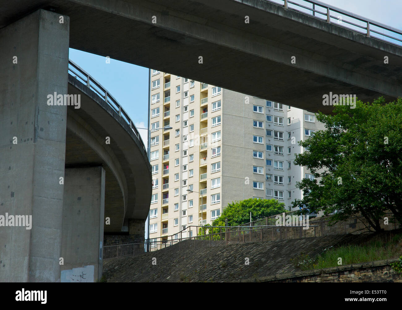 Flyover and high-rise flats: urban bleakness in Halifax, West Yorkshire, England UK Stock Photo