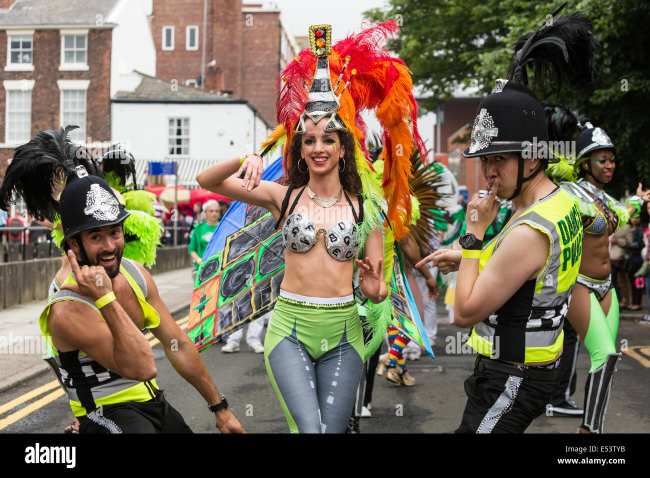 Liverpool, UK. 19th July, 2014. Brazilica, the UK's only Brazilian Festival and Samba Carnival has taken place in Liverpool on Saturday, July 19, 2014. Samba bands and dancers from all over the world donned their costumes for the event whilst the route through the heart of Liverpool city centre was lined by thousands wanting to witness the annual event. Credit:  Christopher Middleton/Alamy Live News Stock Photo