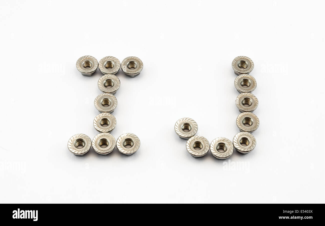 I and J Alphabet, Created by Stainless Steel Hex Flange Nuts. Stock Photo