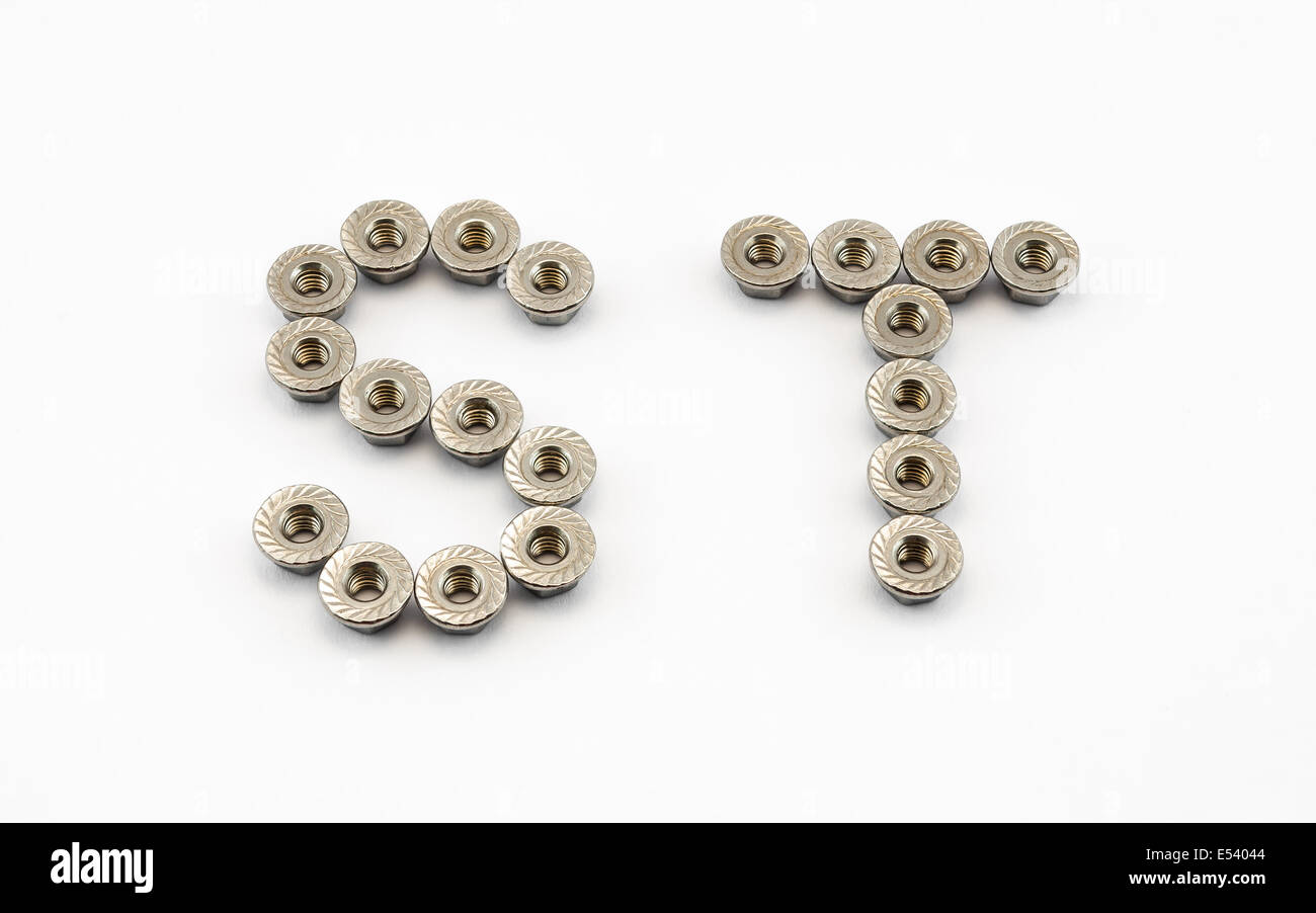 S and T Alphabet, Created by Stainless Steel Hex Flange Nuts. Stock Photo
