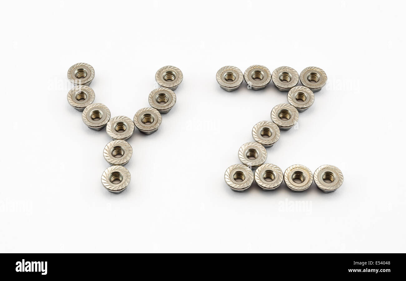 Y and Z Alphabet, Created by Stainless Steel Hex Flange Nuts. Stock Photo