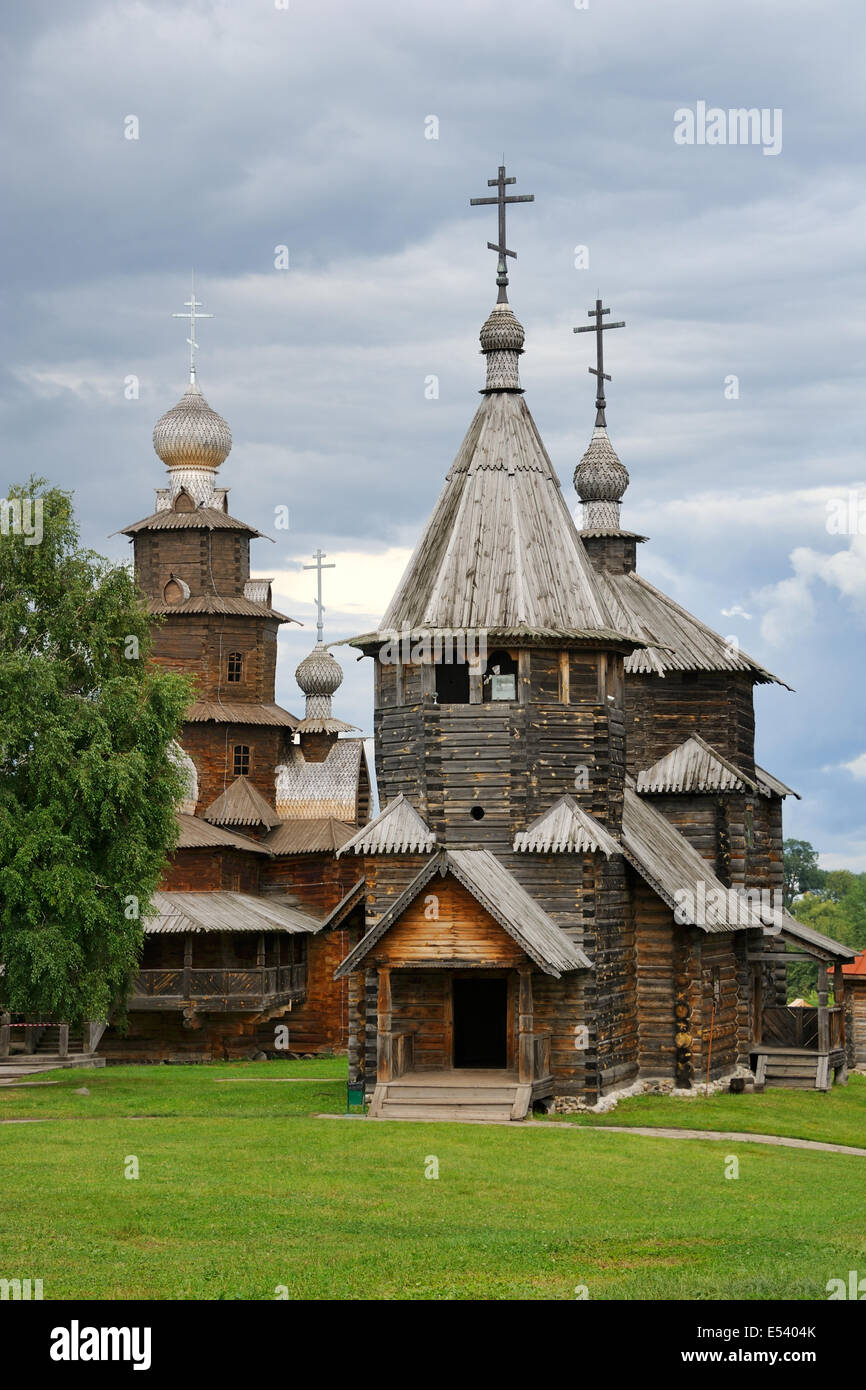 Wooden Churches under Grey Skies. Museum of Wooden Architecture in Suzdal Stock Photo