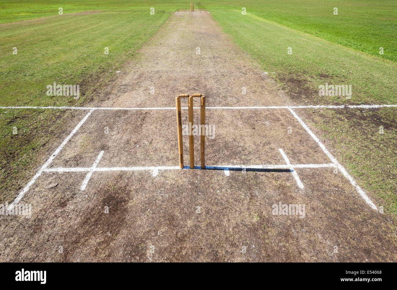 Cricket field venue closeup photo playing pitch surface with wickets and batting bowling lines marked in white. Stock Photo