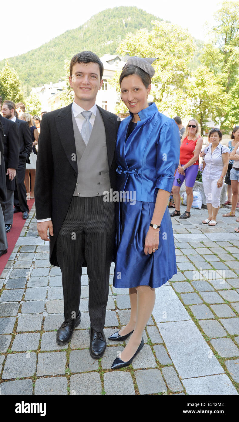 Bad Ischl, Austria. 19th July, 2014. The brother of the bride Valentin  Habsburg-Lorraine (L) and his fiancée Claudia Mittermayr arrive for the  wedding ceremony of the bridal couple Maria Sophie Habsburg-Lorraine and