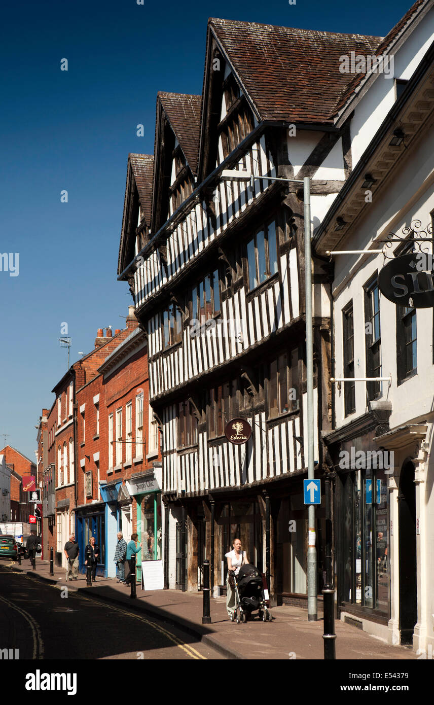UK, England, Worcestershire, Worcester, New Street, half timbered jettied building leaning over the road Stock Photo