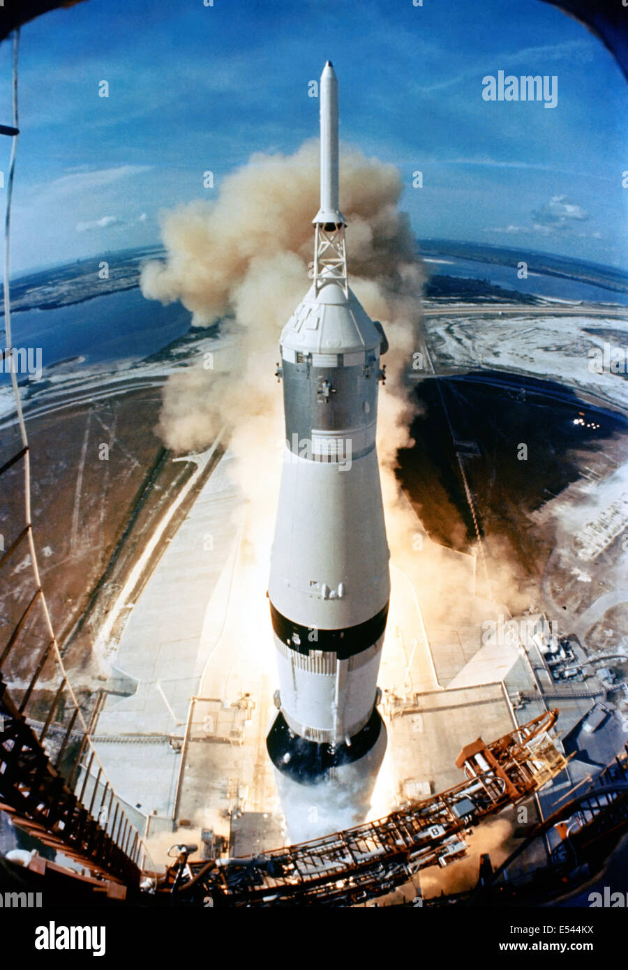 The 363-feet tall Saturn V rocket launches on the Apollo 11 mission from Pad A, Launch Complex 39, Kennedy Space Center, at 9:32 a.m. EDT July 16, 1969 in Cape Canaveral, Florida. Onboard the Apollo 11 spacecraft are astronauts Neil A. Armstrong, commander; Michael Collins, command module pilot; and Edwin E. Aldrin Jr., lunar module pilot. Apollo 11 was the United States' first lunar landing mission. Stock Photo