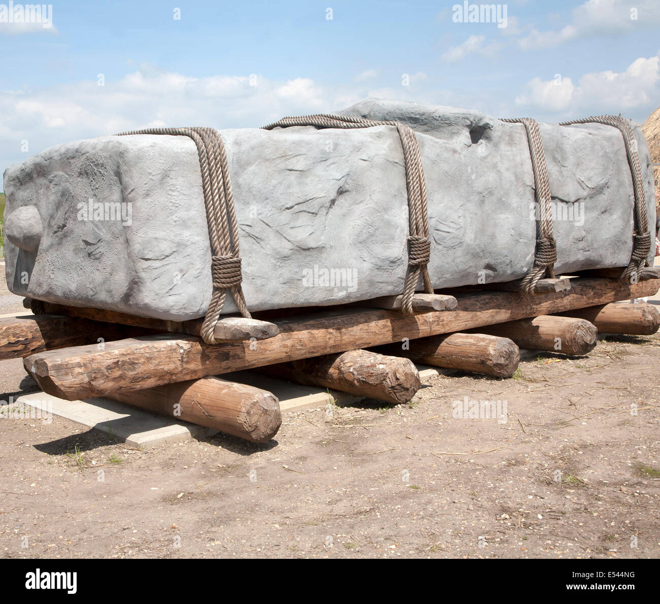 Replica of megalithic sledge transportation of large stones at the Stonehenge visitor attraction site, Wiltshire, England Stock Photo
