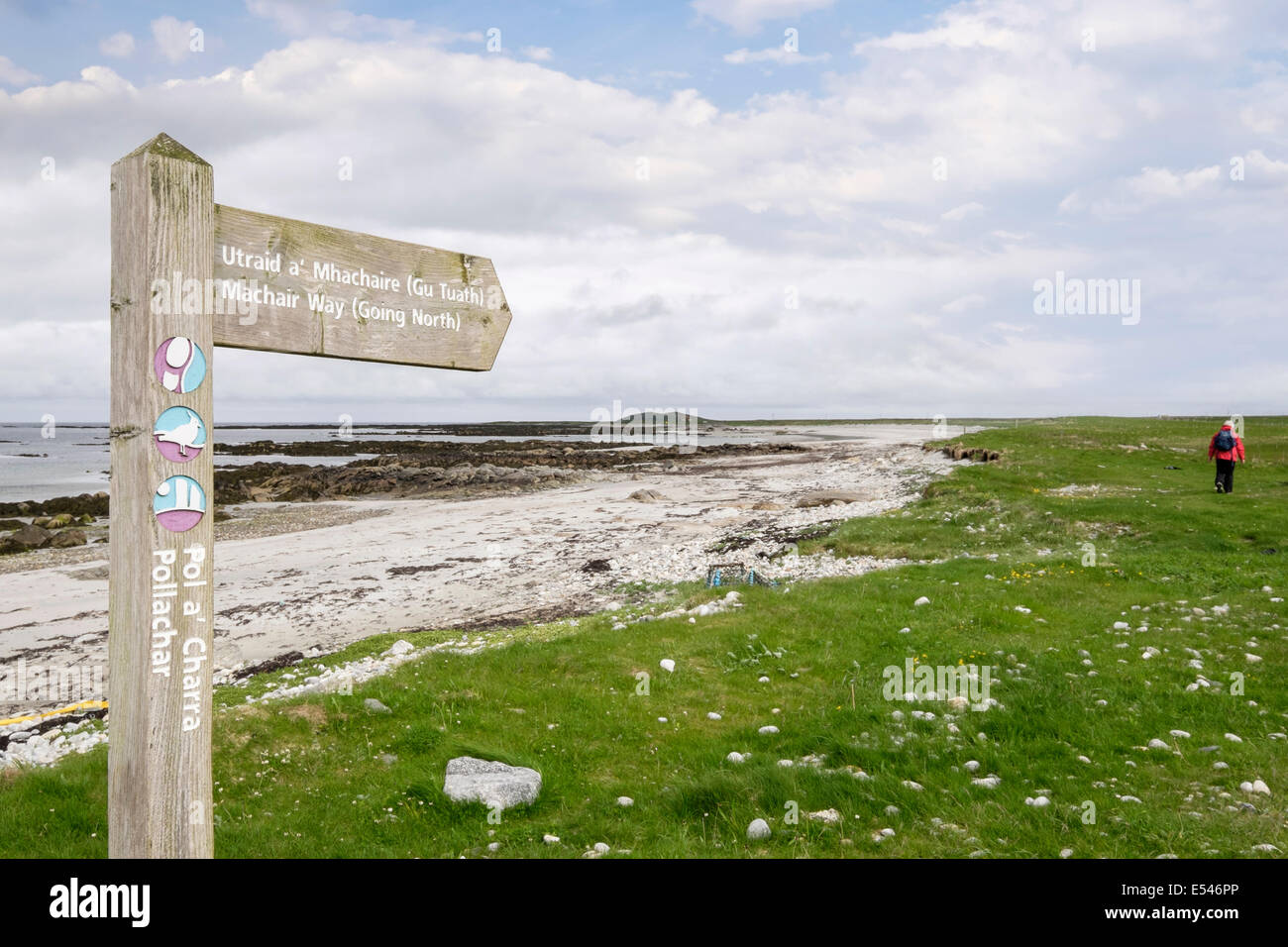 Machair Way walk signpost with walker going north on coast near Pollachar South Uist Outer Hebrides Western Isles Scotland UK Stock Photo