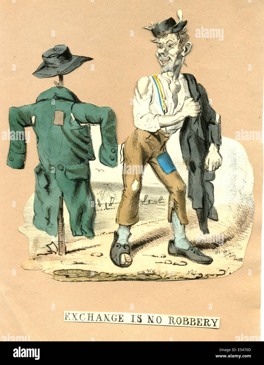 Handcoloured scrap from a Victorian scrap album titled Exchange is no Robbery showing poorly dressed man wanting a scarecrow's coat Stock Photo