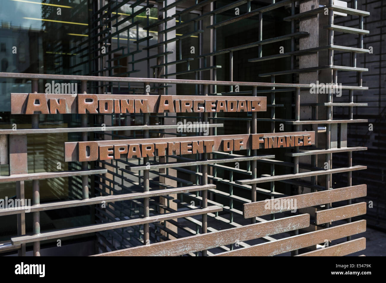 Name on the Irish Department of Finance building on Merrion Row, Dublin, Ireland. Stock Photo