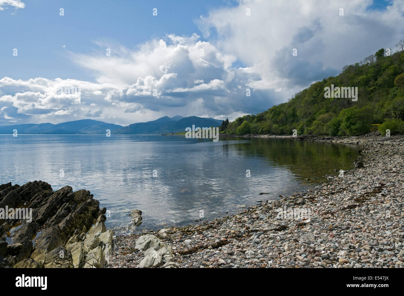 Cumulus clouds over the mountains of Ardgour across Loch Linnhe, from Onich, Lochaber, Highland, Scotland, UK Stock Photo