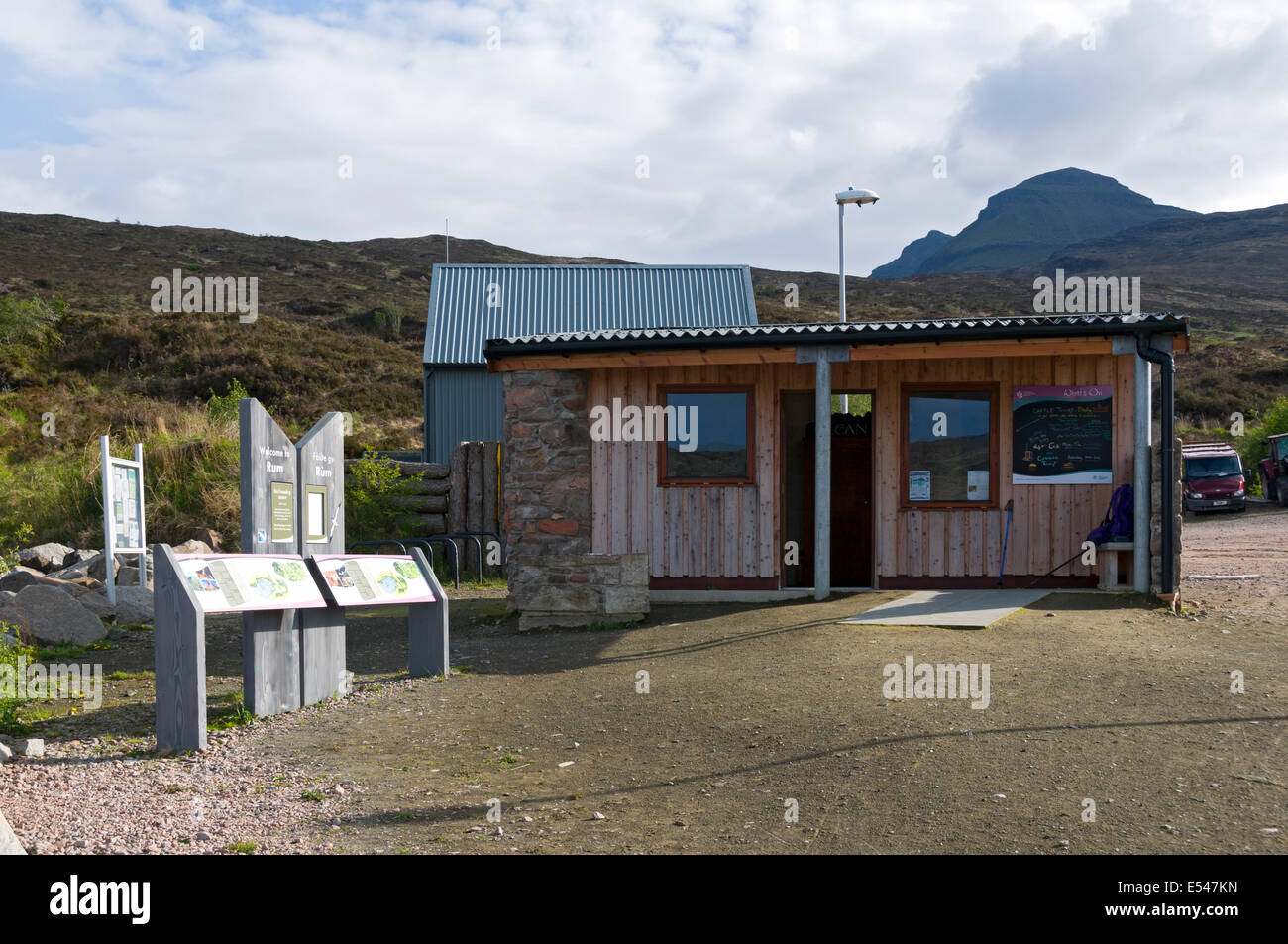 Waiting room with tourist information displays in English and Gaelic at the ferry terminal, Kinloch, Isle of Rum, Scotland, UK Stock Photo