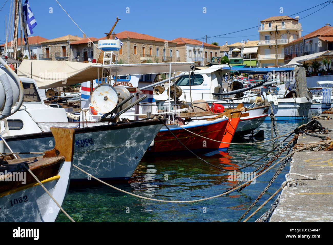 MANI PENINSULAR, PELOPONNESE, GREECE, 2nd July 2014. Boats in the harbour at Agios Nikolaos, a fishing village on the west coast Stock Photo