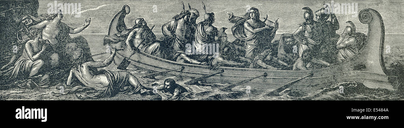 The Sirens (left) tempt Argonauts with their song. Orpheus (middle of boat) played his lyre and drowned out the Sirens' song. Stock Photo