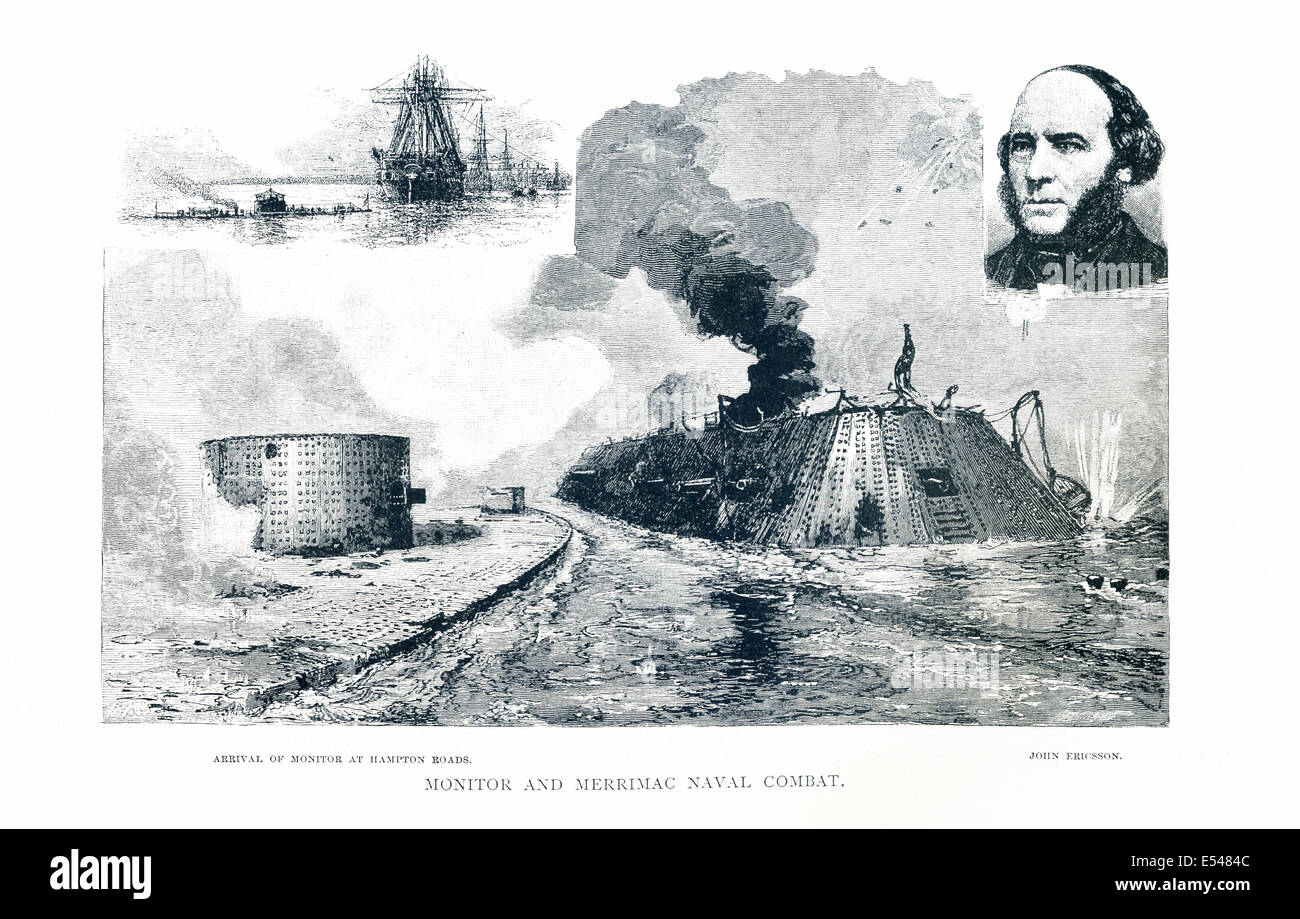 1891 engraving shows Monitor at Hampton Roads (top left,) John Ericsson (top right), and battle of the Monitor and Merrimac. Stock Photo