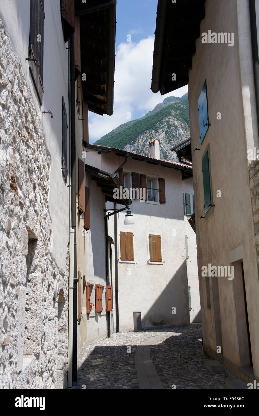 Narrow street in the walled town of Venzone, in Friuli-Venezia Giulia, northern Italy Stock Photo