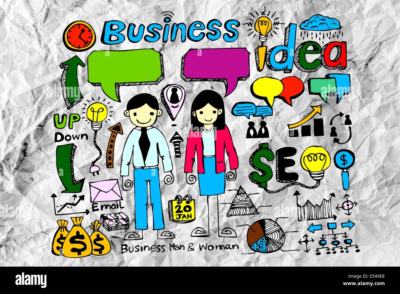 Hand doodle Business icon set idea design on crumpled paper Stock Photo ...
