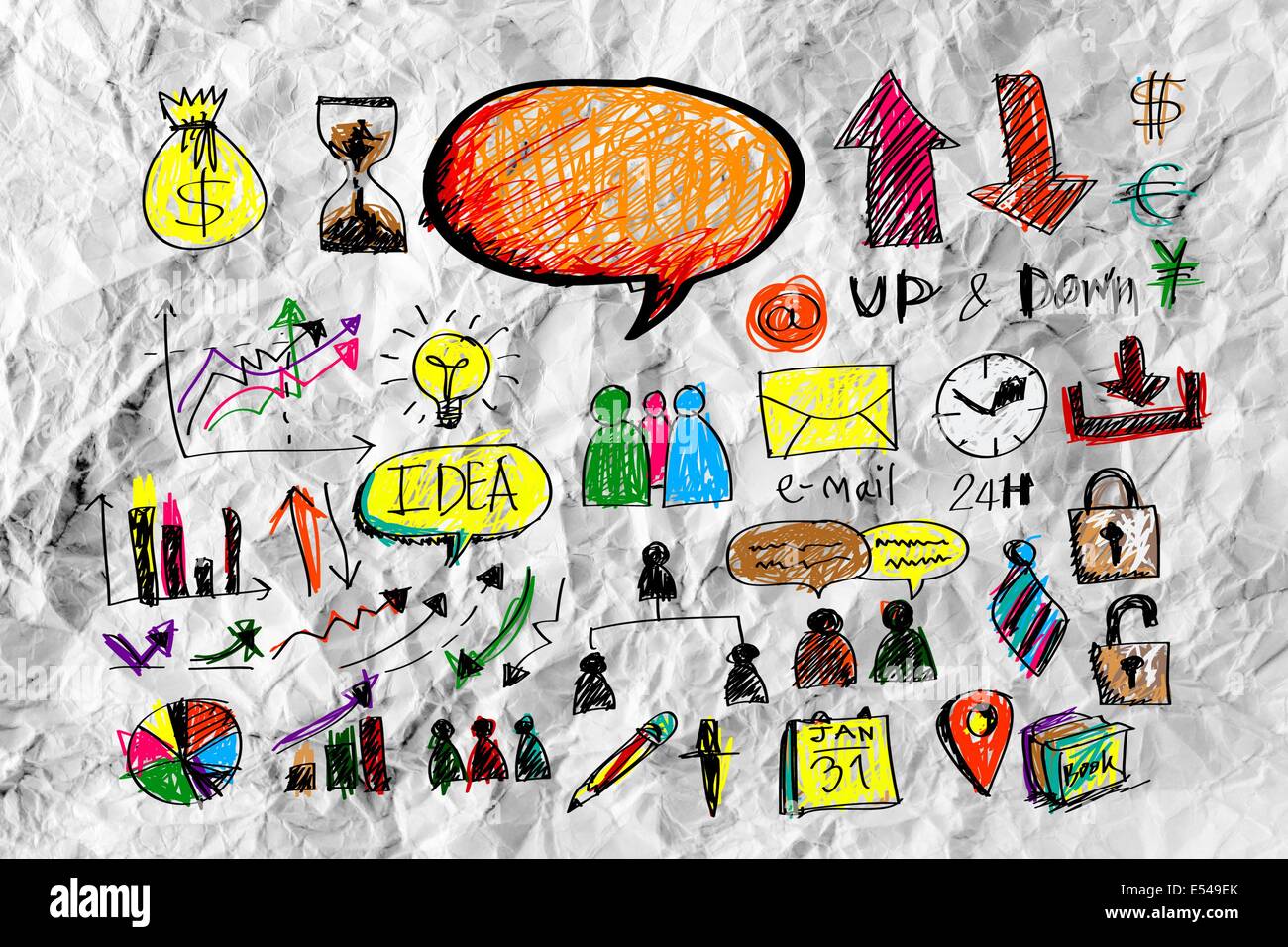 Hand doodle Business icon set idea design on crumpled paper Stock Photo ...