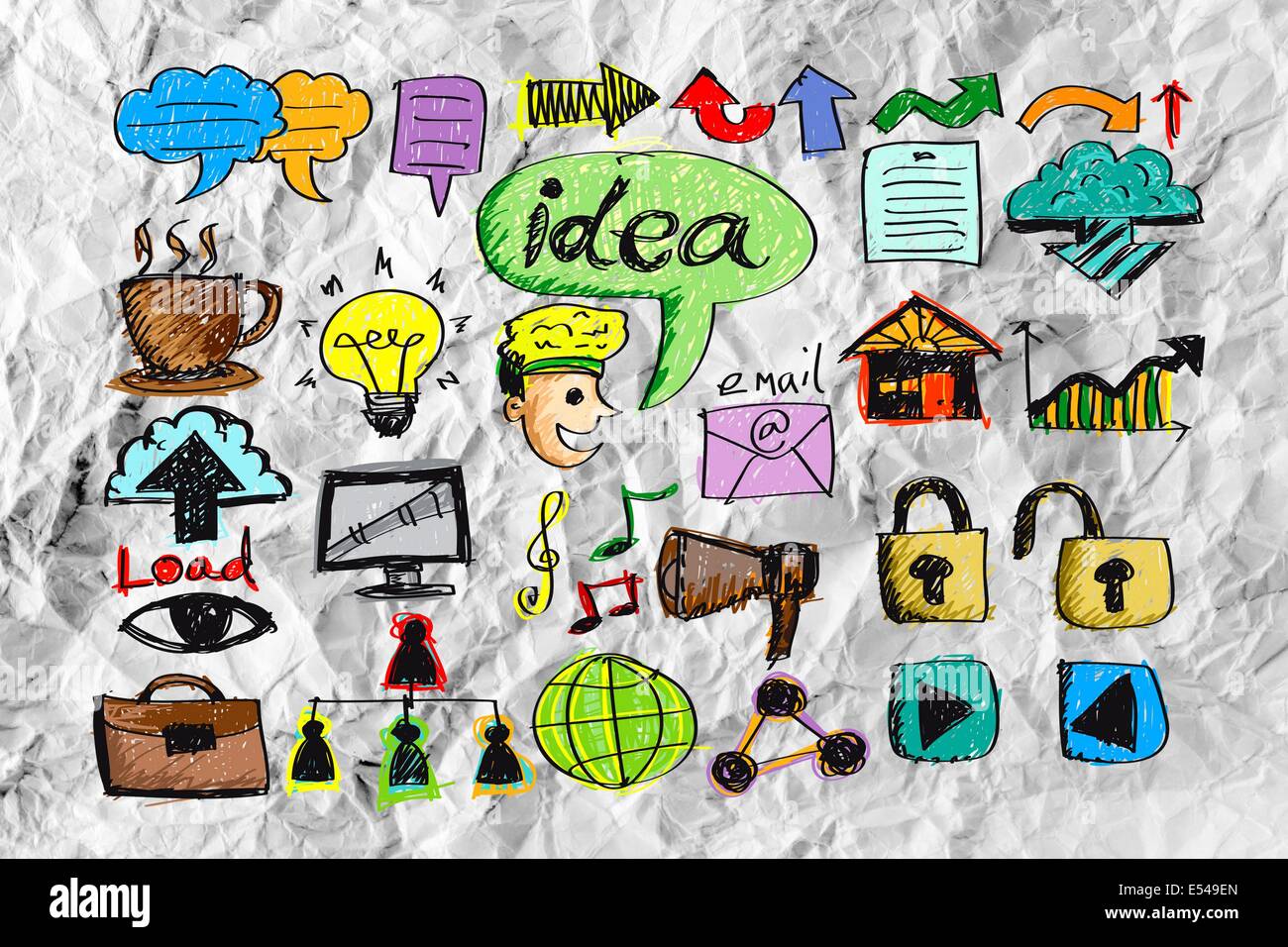 Hand doodle Business icon set idea design on crumpled paper Stock Photo ...