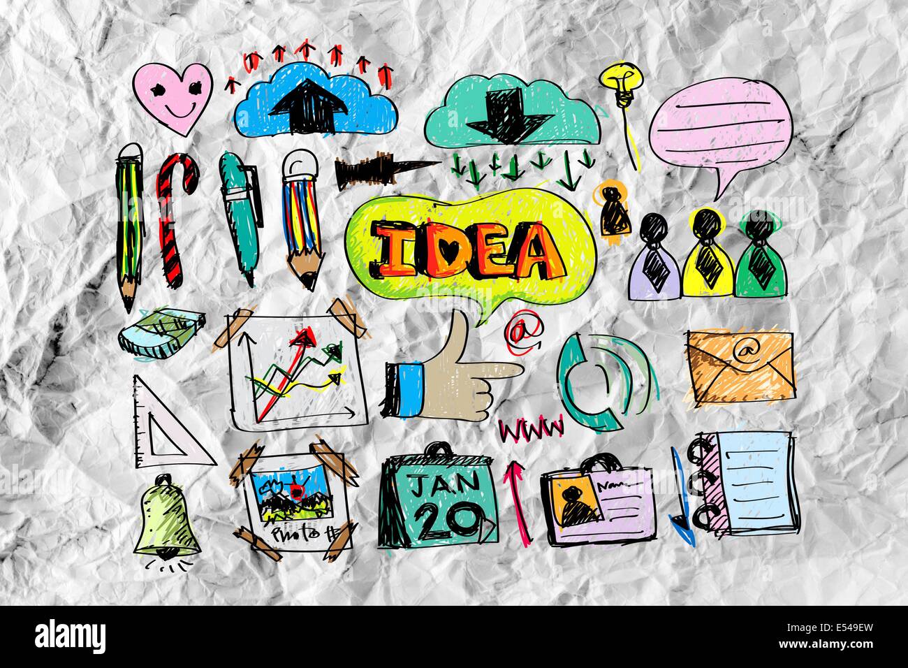 Hand doodle Business icon set idea design on crumpled paper Stock Photo ...