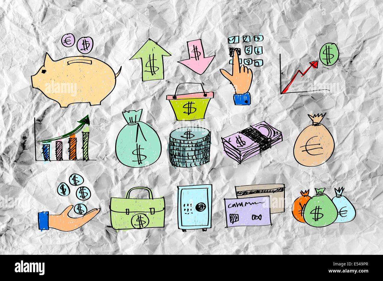 Hand doodle Business icon set idea design on crumpled paper Stock Photo ...