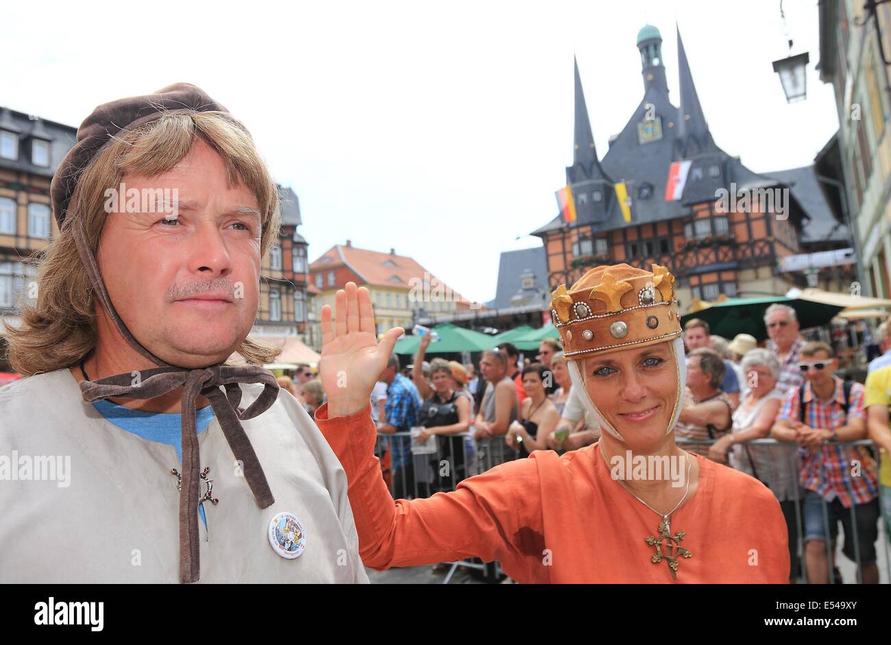 Wernigerode, Germany. 20th July, 2014. Actors portraying the Naumburg Master donor portraits Eckhard II and Uta take part in the festival parade during the 18th Saxony-Anhalt Day in Wernigerode, Germany, 20 July 2014. The parade in the Harz Mountain town is the highlight of the three day state festival. Photo: JENS WOLF/dpa/Alamy Live News Stock Photo