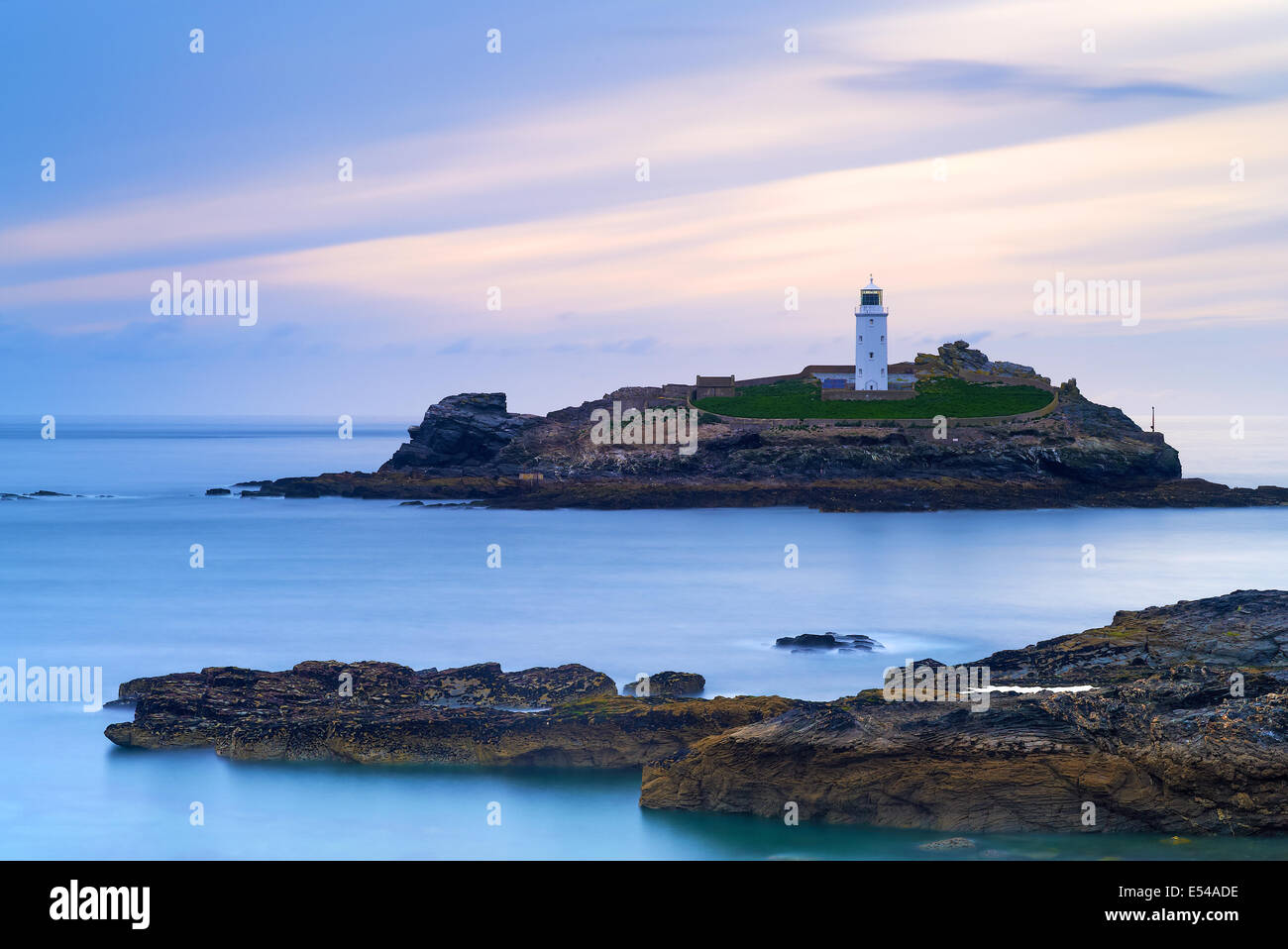 Godrevy Lighthouse, shot from cliffs just outside the town of Gwithian. Stock Photo